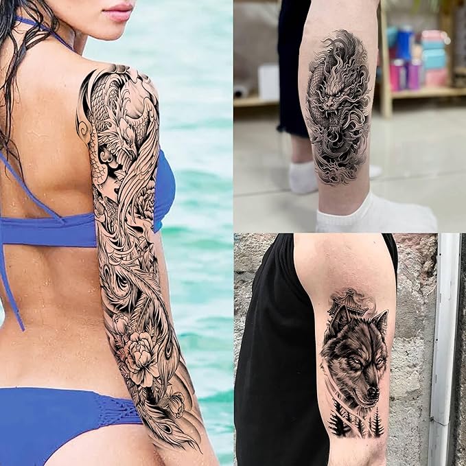 20 Sheets Sexy Phoenix Full Arm Temporary Tattoos For Men Adults, Wolf Skull King Dove Peace Rose Flower Fake Tattoo Sleeve For Women, 3D Black Maori Cross Wolf Halloween Sleeve Tattoo Stickers Coyote