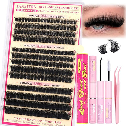 Lash Clusters Kit Thick Lash Extension Kit D Volume Lash Clusters 80D+100D+120D Eyelash Clusters Kit 10-18mm Eye Lash Clusters Wispy Individual Lashes with Bond and Seal