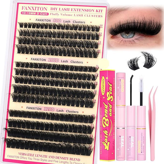 Lash Clusters Kit Thick Lash Extension Kit D Volume Lash Clusters 80D+100D+120D Eyelash Clusters Kit 10-18mm Eye Lash Clusters Wispy Individual Lashes with Bond and Seal