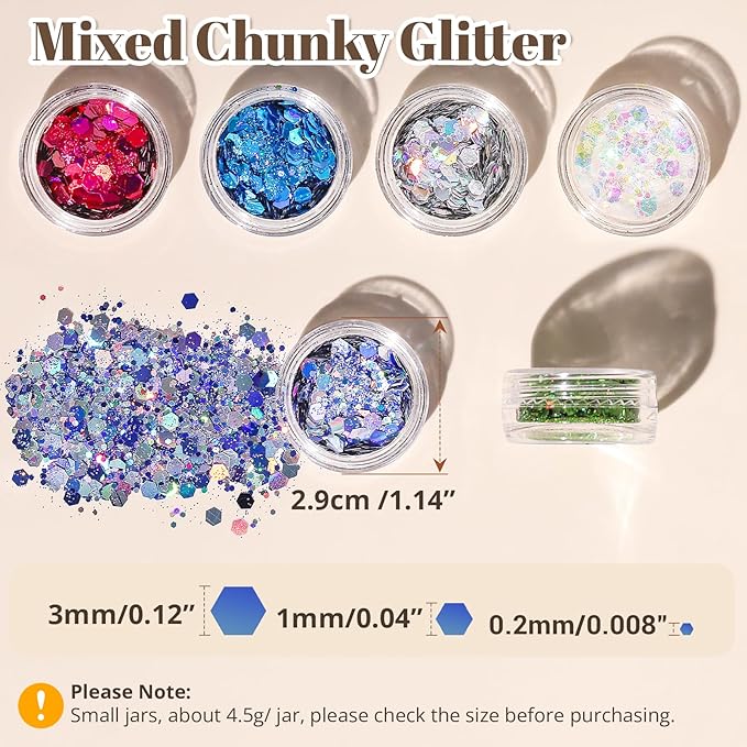 LEOBRO Chunky Glitter, 24 Colors Holographic Chunky Glitter for Crafts, Resin, Nail Body Face Hair Makeup, DIY Party Decorations