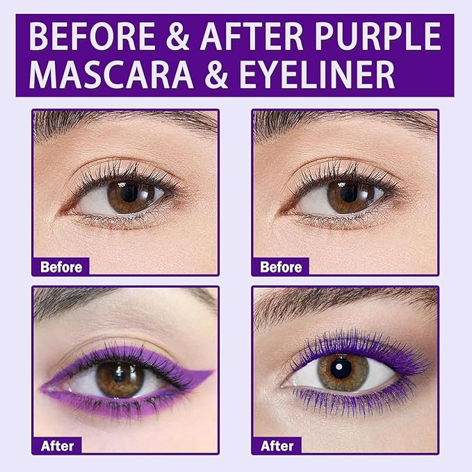 Purple Volumizing Mascara&Eyeliner Set,5D Length Colored Mascara,Long-Lasting&Smudge-Proof No Clumping,Longwear Fiber Waterproof Mascara for Women Eye Makeup