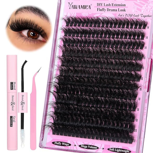 Yawamica Fluffier Lash Extension Kit Thick 200D Volume Eyelash Extension Kit 14-20mm Wispy Lash Clusters Kit D Curly Individual Lashes with Bond and Seal lash Tweezers DIY Cluster Eyelash Extensions