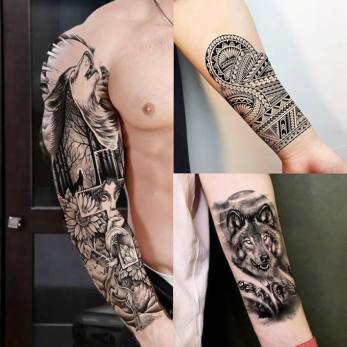 20 Sheets Sexy Phoenix Full Arm Temporary Tattoos For Men Adults, Wolf Skull King Dove Peace Rose Flower Fake Tattoo Sleeve For Women, 3D Black Maori Cross Wolf Halloween Sleeve Tattoo Stickers Coyote