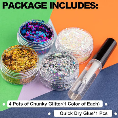 4 Colors of Holographic Chunky Glitter with Quick Dry Glue Pack 5, 4 Pots Total 40g Multi-Shaped for Body Hair Face Eyes Make-up, Nail Art and Bedazzling in Party/Concert/Events Glitter