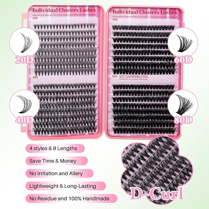 Lash Extension Kit DIY Lash Clusters Kit 624pcs Cluster Lashes Eyelash Extension Kit Individual Lashes with Lash Bond and Seal,Lash Tweezers,Mascara Brush(624pcs 20D+40D+60D+80D Kit,9-16mm)