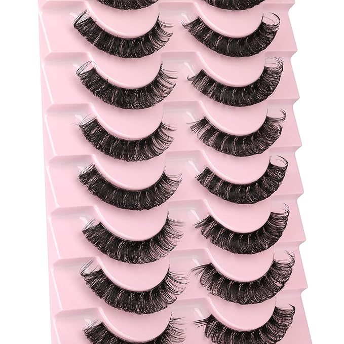 Newcally Lashes Nautral Look False Eyelashes Russian Strip Lashes Mink Wispy Lashes Pack D-curly Thick Full Volume Cat Eye Lashes Look Like Extensions 10 Pairs