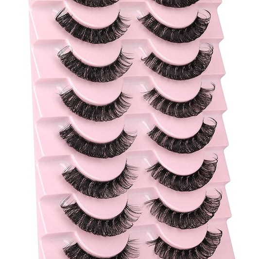Newcally Lashes Nautral Look False Eyelashes Russian Strip Lashes Mink Wispy Lashes Pack D-curly Thick Full Volume Cat Eye Lashes Look Like Extensions 10 Pairs