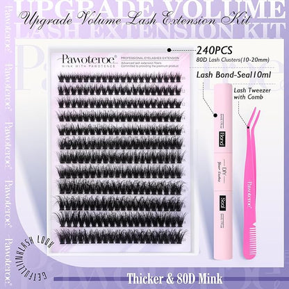 Lash Extension Kit Lash Clusters 80D Full DIY Cluster Eyelash Extension Kit 10-20mm Individual Lashes Mink with Lash Bond and Seal, Lash Tweezers for Self Application (Mink 80D,10-20mm, Kit)