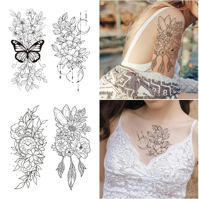 Cerlaza Temporary Tattoos for Women, Large Realistic Body Tattoo Stickers, Fake Semi Permanent Tattoo Include Butterfly Rose, Henna Tattoos for Adults (12 Sheets)