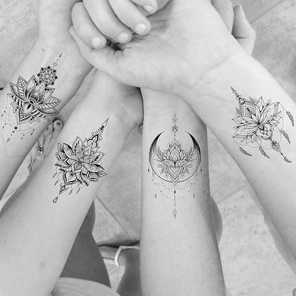 15 Sheets Sexy Black Lotus Temporary Tattoos For Women Wedding Brides, Tribal Fake Jewelry Pendant Lace Moon Moth Flowers Temp Tattoos Temporary Sticker For Girls Arm Neck Hands Tatoos Jewels