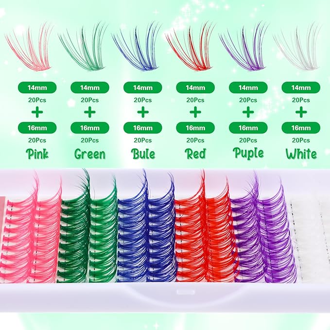 cobee Colored Lash Cluster Extensions, 120Pcs 14mm 16mm D Curl Individual Eyelash Clusters Mixed 6 Rainbow Colors Clusters Lashes for DIY Salon Home