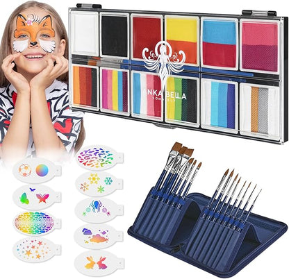 Professional Face Painting Kit for Kids,12X10gm Washable Rainbow Cake Face Paint with Stencil & Brushes,Hypoallergenic Safe & Non-Toxic,Gift for Birthday Parties/Halloween/Carnival