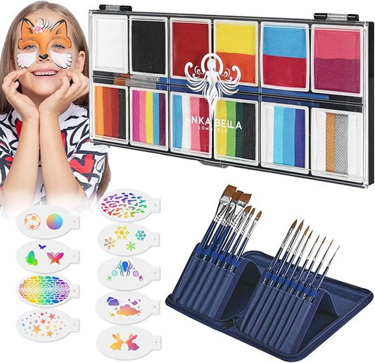 Professional Face Painting Kit for Kids,12X10gm Washable Rainbow Cake Face Paint with Stencil & Brushes,Hypoallergenic Safe & Non-Toxic,Gift for Birthday Parties/Halloween/Carnival