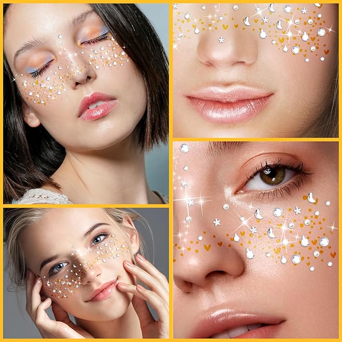 12Pcs Glitter Freckles Face Tattoos - Pearl Diamond Face Patches Stickers Festival Accessories for Women Sparkles Freckles Half Magic Makeup Jewels Stickers, Easy to Apply