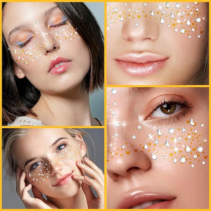 12Pcs Glitter Freckles Face Tattoos - Pearl Diamond Face Patches Stickers Festival Accessories for Women Sparkles Freckles Half Magic Makeup Jewels Stickers, Easy to Apply
