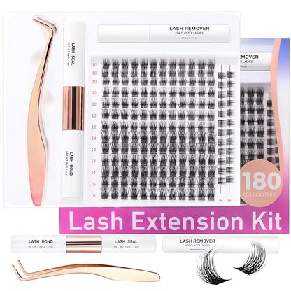 Lash Extensions Kit with 180 PCS Individual Lash Clusters, Eyelash Tweezers for Lash Extensions, Lash Bond and Seal Waterproof, Clusters Lash Glue Remover Easy to Apply at Home