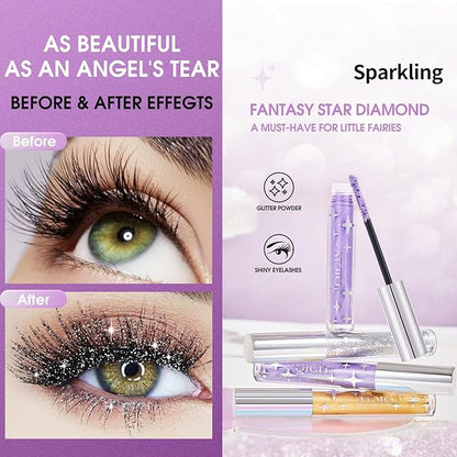 Petansy 3 Colors Glitter Mascara Waterproof Long Lasting Lightweight Smudge-Proof Colored Mascara Diamond Sparkling Colorful Mascara，Voluminous Colorful Eyelashes Party Stage Use Makeup for Women