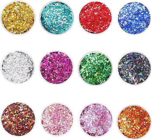 1mm Holographic Hexagon Chunky Glitter for Craft,12 Colors Assorted Chunky Glitter for Resin Arts,Laser Chunky Sequin for Body and Nail Art,Ornament Decoration
