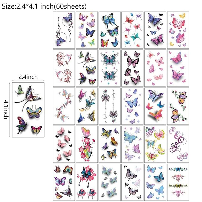 60 Sheets Waterproof Flower 3D Butterfly Fake Temporary Tattoo Sticker for Girl Lady Women