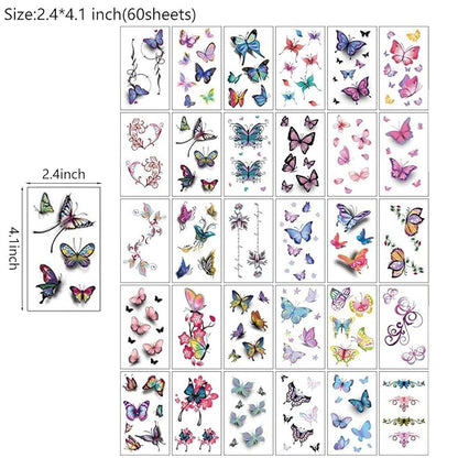 60 Sheets Waterproof Flower 3D Butterfly Fake Temporary Tattoo Sticker for Girl Lady Women