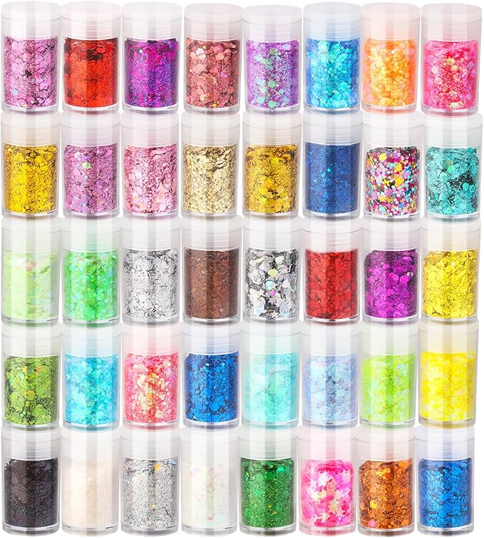 Holographic Chunky Glitter, Chunky and Fine Mix Sequins, Set of 40 Colors Festival, Iridescent Glitter for Crafts, Nails Face Tumbler Body Hair Painting Epoxy Art