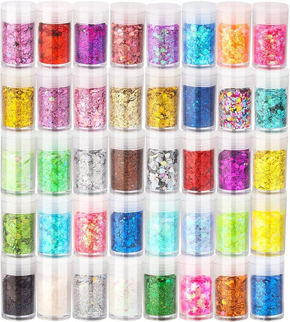 Holographic Chunky Glitter, Chunky and Fine Mix Sequins, Set of 40 Colors Festival, Iridescent Glitter for Crafts, Nails Face Tumbler Body Hair Painting Epoxy Art