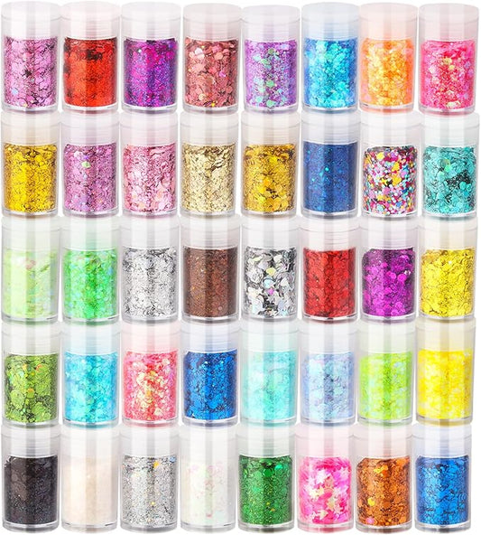 Holographic Chunky Glitter, Chunky and Fine Mix Sequins, Set of 40 Colors Festival, Iridescent Glitter for Crafts, Nails Face Tumbler Body Hair Painting Epoxy Art