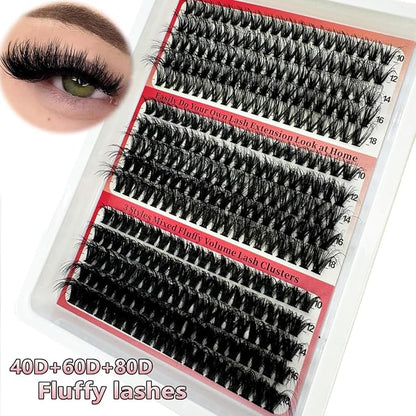 HBZGTLAD Fluffy Cluster Lashes 40D60D80D100D120D Natural Thick Eyelash Clusters D Curl Individual Lashes DIY Eyelashes Extension (300pcs 40+60+80D)