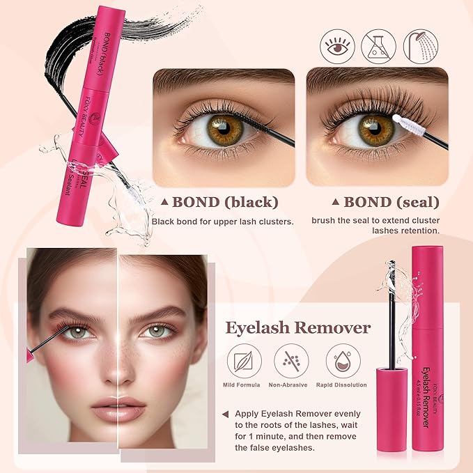 FOXY BEAUTY Lash Extension Kit-Lash Clusters Kit D Curl Cluster Eyelash Extension Kit with Mascara Brush Bond and Seal Glue Remover Lash Applicators for DIY At Home