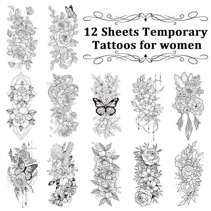 Cerlaza Temporary Tattoos for Women, Large Realistic Body Tattoo Stickers, Fake Semi Permanent Tattoo Include Butterfly Rose, Henna Tattoos for Adults (12 Sheets)