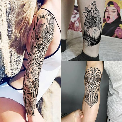20 Sheets Sexy Phoenix Full Arm Temporary Tattoos For Men Adults, Wolf Skull King Dove Peace Rose Flower Fake Tattoo Sleeve For Women, 3D Black Maori Cross Wolf Halloween Sleeve Tattoo Stickers Coyote