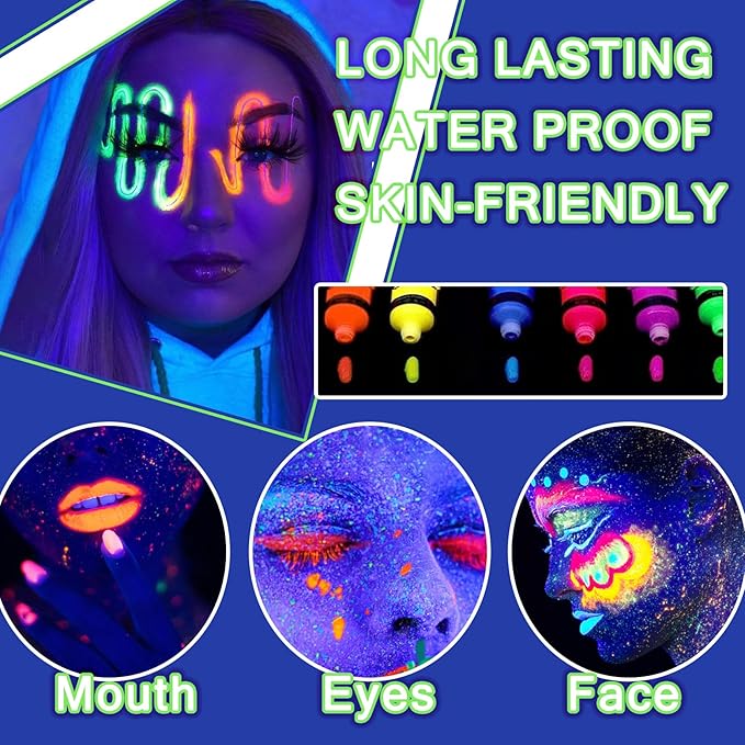 Glow in the Dark Face & Body Paint Set - 6 Colors, Professional Kit for Party, Cosplay, Blacklight Glow SFX Makeup, 10 ml