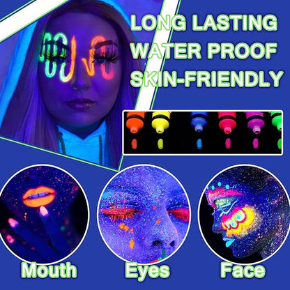 Glow in the Dark Face & Body Paint Set - 6 Colors, Professional Kit for Party, Cosplay, Blacklight Glow SFX Makeup, 10 ml
