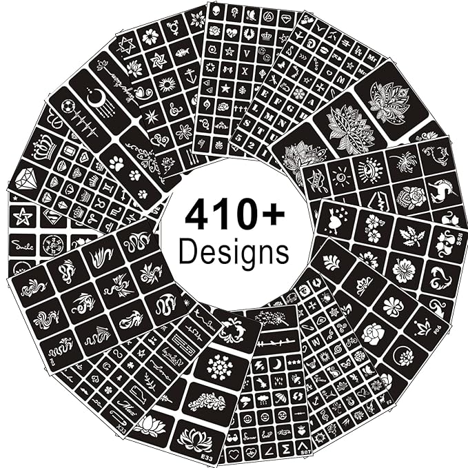 Temporary Tattoo Stencils for Women Girls and Kids, 410+ PCS Henna Tattoo Stencil Kit,Temporary Indian Arabian Glitter Airbrush Tattoo Stencils for Face Body Paint DIY