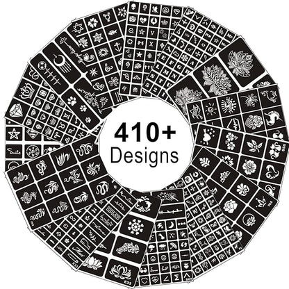 Temporary Tattoo Stencils for Women Girls and Kids, 410+ PCS Henna Tattoo Stencil Kit,Temporary Indian Arabian Glitter Airbrush Tattoo Stencils for Face Body Paint DIY