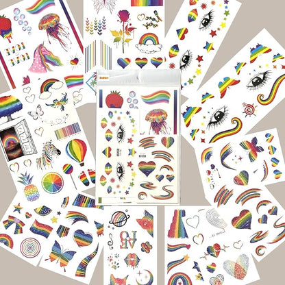 107PCS Artist-Designed Temporary Tattoos – LGBTQ+ Pride Fake Tattoos, Glitter Stickers for Adults, Festival Accessories & Fiesta Party Favors Kit