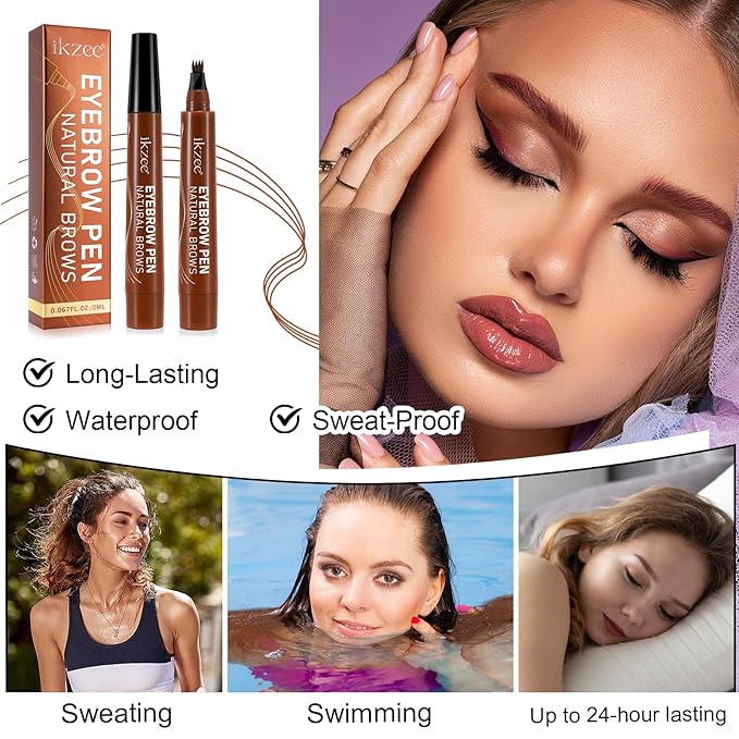 3D Microblading Eyebrow Pencil, 2024 New Waterproof Microblading Eyebrow Pencil Contouring Pen with 4 Fork Tip & Spoolie Brush, Precise Brush-Tip Create Natural Hair-Like Brows (#3 Brown)
