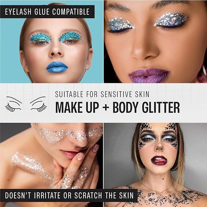 Chunky Holographic Body Glitter I 16 Colors + Glitter Glue for Face Glitter Makeup, Hair, Eye & Fine Glitter Eyeshadow - Perfect for Halloween, Slime, Resin, Tumblers, Craft, Cosmetic & Nail Art