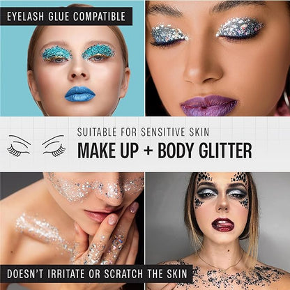 Chunky Holographic Body Glitter I 16 Colors + Glitter Glue for Face Glitter Makeup, Hair, Eye & Fine Glitter Eyeshadow - Perfect for Halloween, Slime, Resin, Tumblers, Craft, Cosmetic & Nail Art