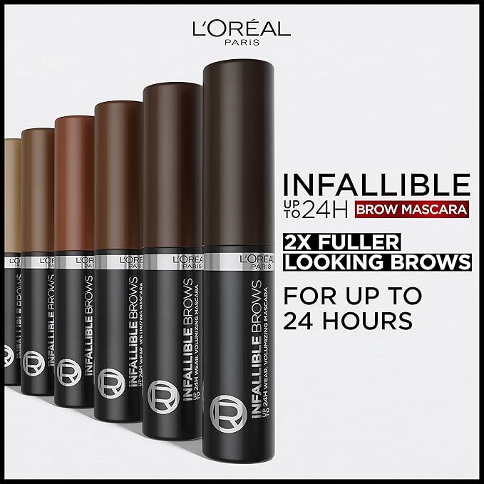 L'Oreal Paris Infallible Volumizing 24H Wear Brow Mascara, Long Lasting Eyebrow Makeup for 2X Fuller Eyebrows, 3.0 Soft Black, 0.13 Fl Oz