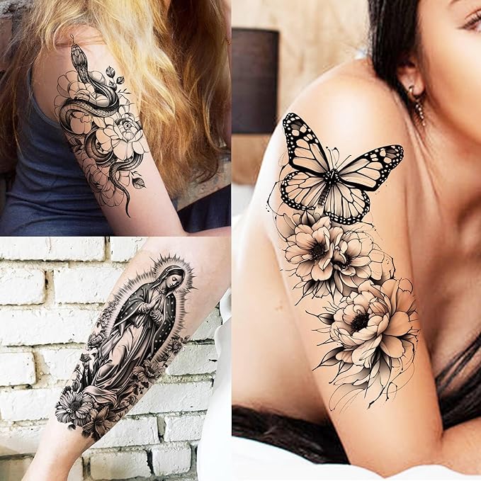 75 Sheets Black Realistic 3D Rose Flowers Temporary Tattoos For Women Girls Adults, Guadalupe Virgin Mary Lotus Snake Peony Florals Blossom Fake Tattoo Stickers Forearm Lion Fox Spider Web Skull Lotus