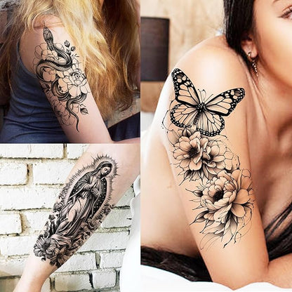 75 Sheets Black Realistic 3D Rose Flowers Temporary Tattoos For Women Girls Adults, Guadalupe Virgin Mary Lotus Snake Peony Florals Blossom Fake Tattoo Stickers Forearm Lion Fox Spider Web Skull Lotus