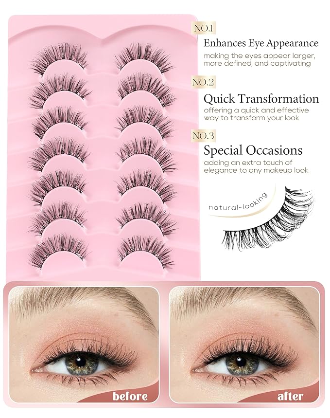 Onlyall Natural Lashes Wispy Lashes Natural Look False Eyelashes Natural Flared Eyelashes False Eye Lashes Soft Fluffy Lashes 7 Pairs T01