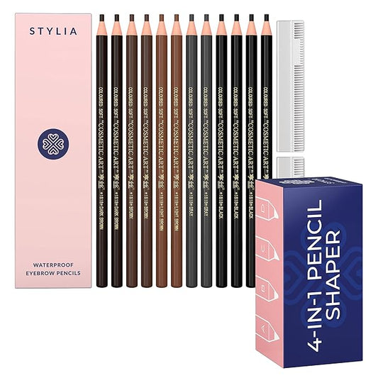 Microblading Supplies 12-PC Waterproof Eyebrow Pencil and 4-in-1 Duckbill-Shape Eyebrow Pencil Sharpener Bundle with Blade For Marking, Filling And Outlining, And Permanent Makeup