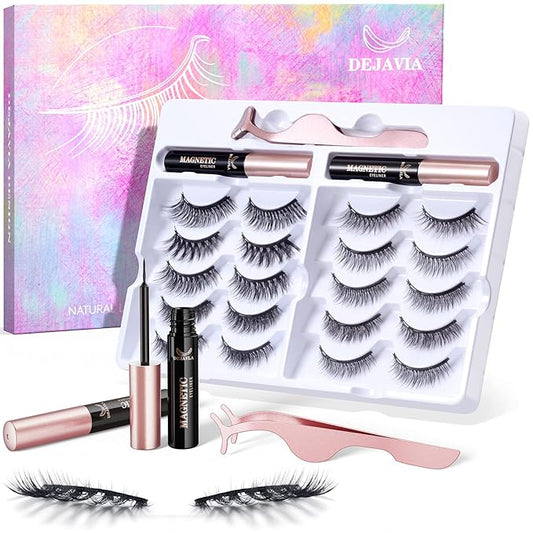 Magnetic Lashes [10 Pairs], Premium Natural Looking Magnetic Eyelashes with Eyeliner Kit，Reusable Lightweight Wispy Strong Magnetic Eyelashes with Applicator and Tweezers, No Glue Needed