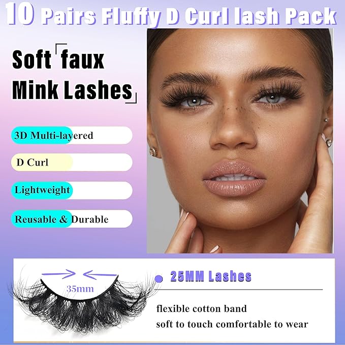 25 mm Lashes Long Dramatic Lashes Wispy D Curl 25mm Lashes Full Volume False Strip Lashes Thick Fluffy Long Fake Mink Eyelashes（2 Styles）