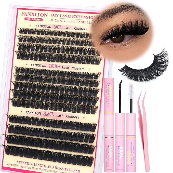 D Lash Clusters Kit Thick Lash Extension Kit Volume Lash Clusters 80D+100D+120D Eyelash Clusters Kit 10-18mm Individual Lashes with Bond and Seal by FANXITON