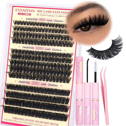 D Lash Clusters Kit Thick Lash Extension Kit Volume Lash Clusters 80D+100D+120D Eyelash Clusters Kit 10-18mm Individual Lashes with Bond and Seal by FANXITON