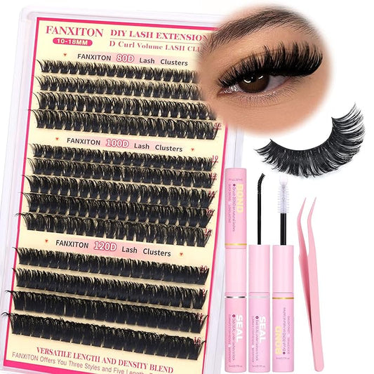 D Lash Clusters Kit Thick Lash Extension Kit Volume Lash Clusters 80D+100D+120D Eyelash Clusters Kit 10-18mm Individual Lashes with Bond and Seal by FANXITON