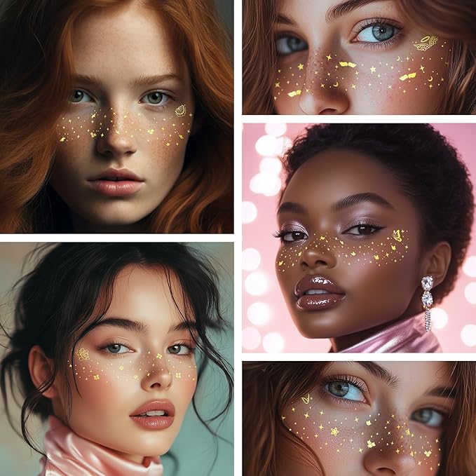 EMOME 16 PCS Gold Glitter Faux Freckles & 6 PCS 4th of July Faux Freckles & 14 PCS Independece Day Face Tattoos with 3 Sheets Face Gems